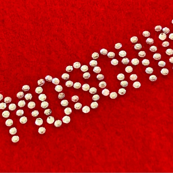 •Moschino Oversized Red Wool Rhinestones Logo Fringed Scarf 68”x14”Made in Italy - Picture 3 of 10